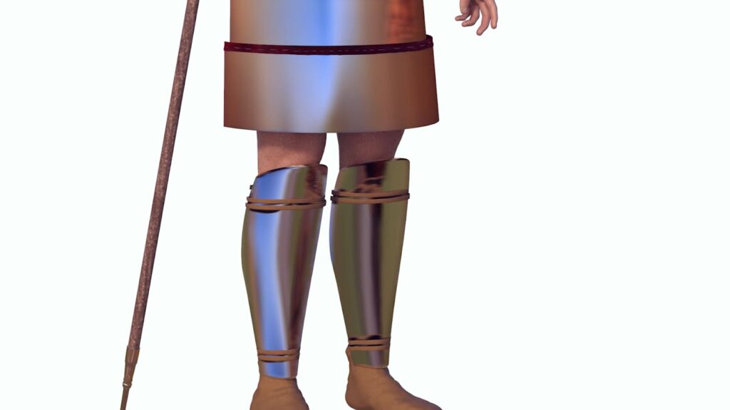 A 3D rendering of a warrior wearing bronze greaves and skirt armor