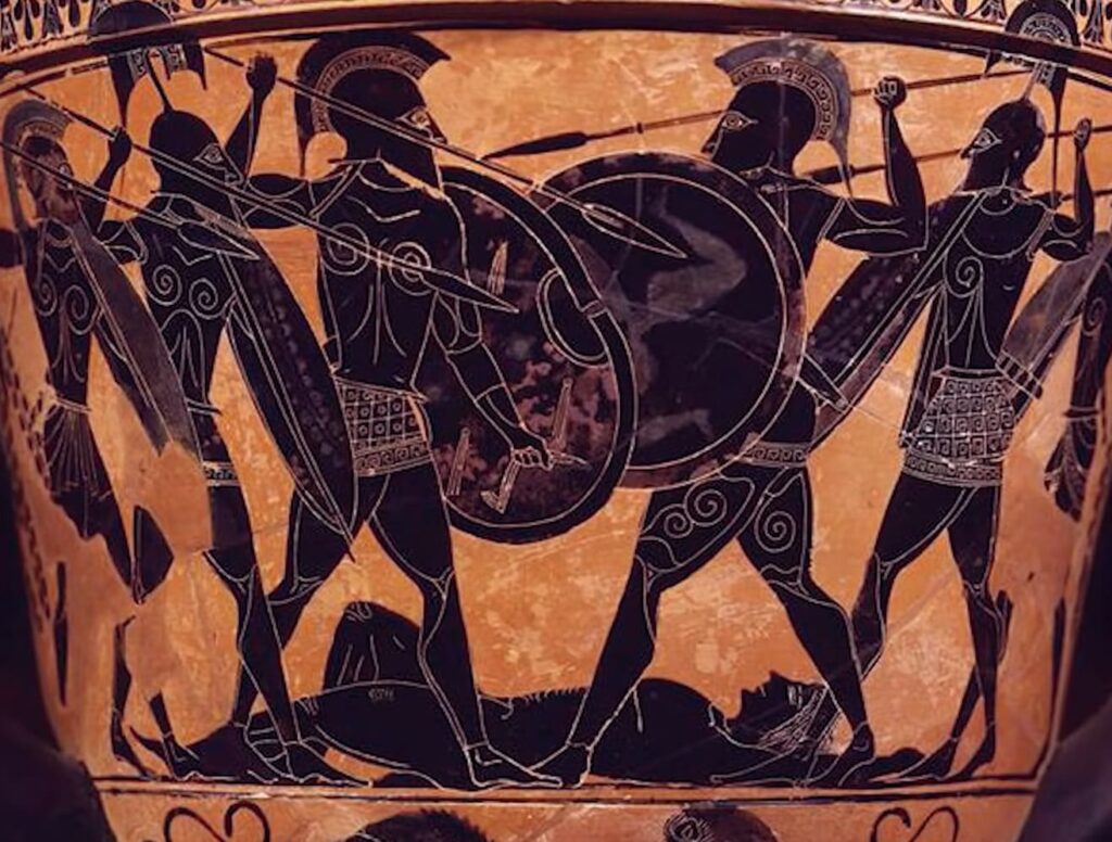 Black-figure pottery showing armed Greek warriors in combat