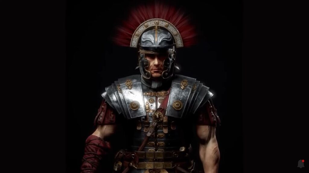 A Roman centurion with a red-crested helmet and armor