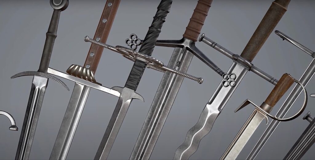 Different parts of swords on a gray background